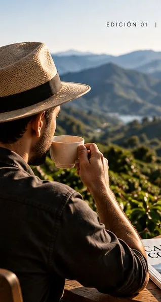 Una persona toma café frente a las montañas cafeteras